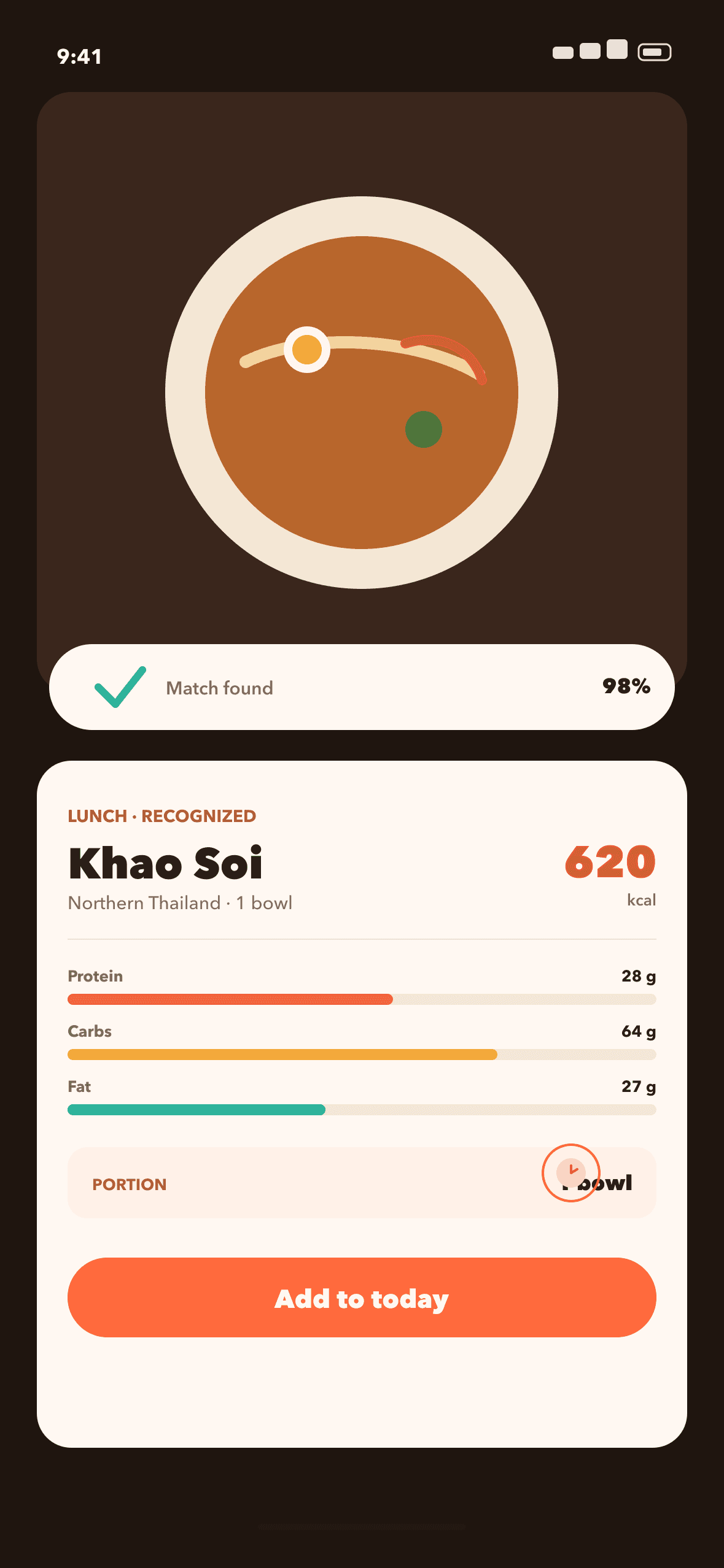 Aharn result card showing khao soi at 620 calories with macro bars